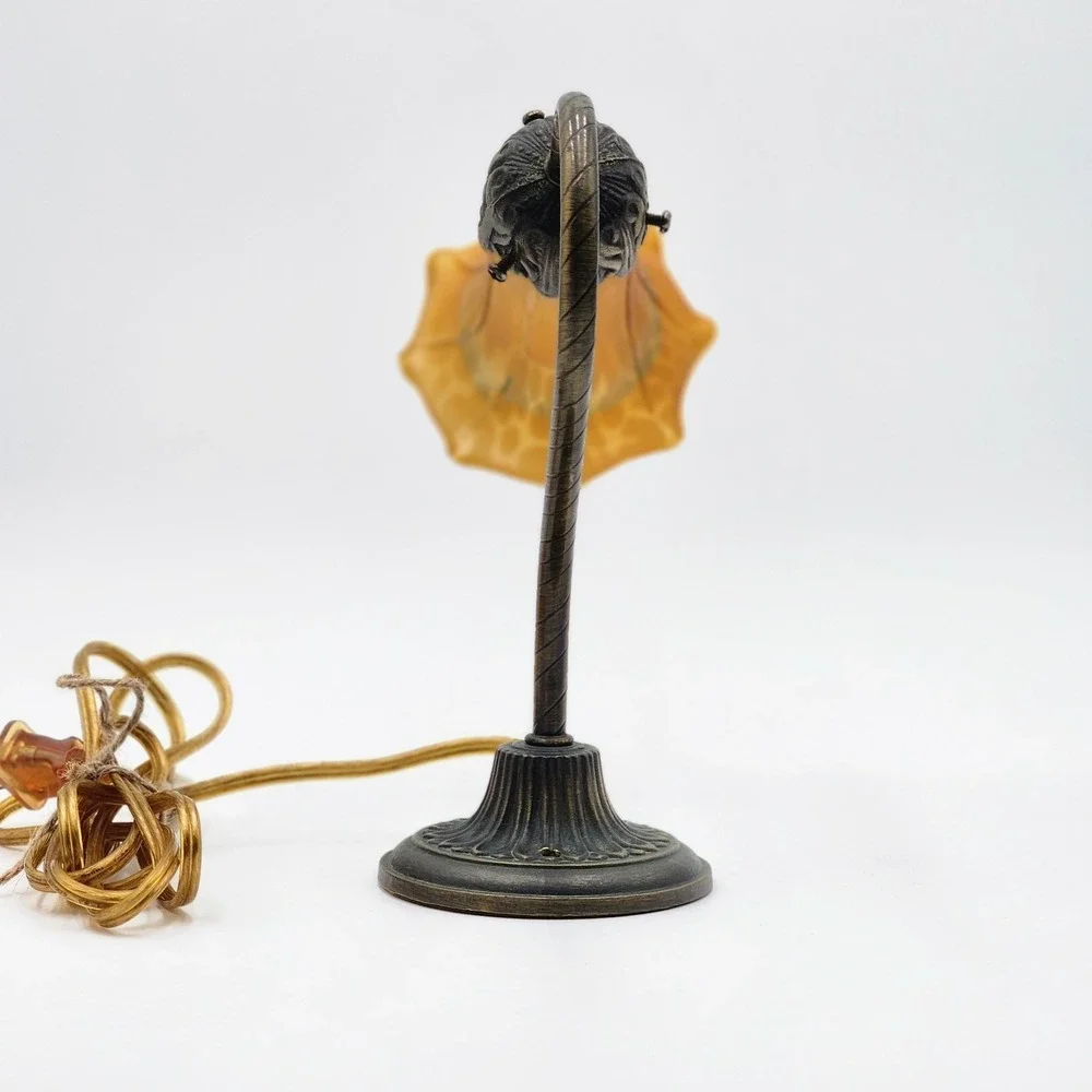 Vintage Art Nouveau Table Lamp Amber Slag Glass Shade Gooseneck Accent Light